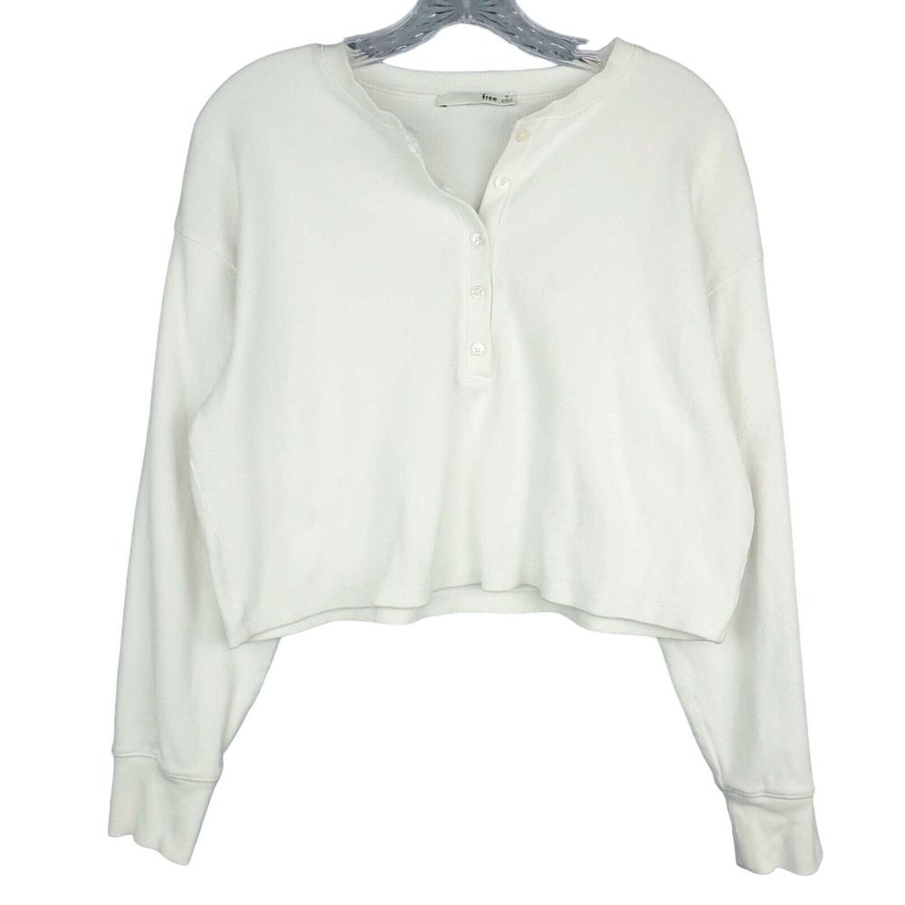 FLAWED Wilfred Free Ivory Rib Knit Cropped Long Sleeve Shirt Henley Size Medium